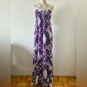 BCBGeneration Purple Tie Dye Halter Cotton Blend Dress - Size O